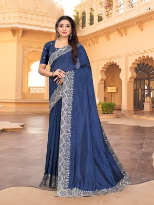 Mionas Embroidered Bollywood Silk Blend Saree(Dark Blue)