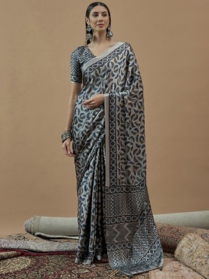 ANOUK Printed Hand Batik Crepe Saree(Grey)