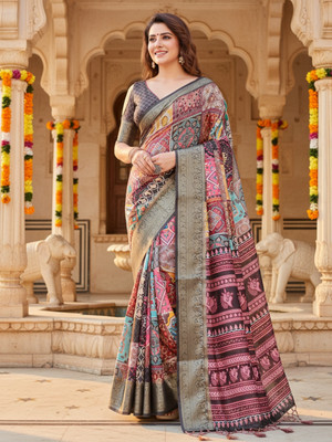 ZAMUNA Digital Print, Floral Print, Woven, Animal Print Banarasi Tussar Silk, Linen Saree(Green, Brown)