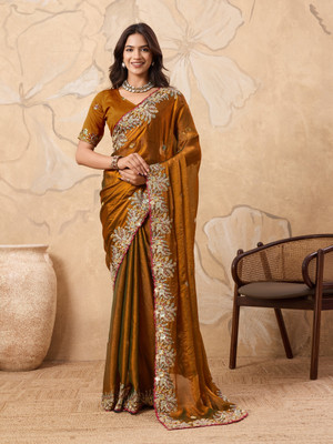 sareya veela Embroidered, Floral Print, Embellished, Woven Bollywood Organza, Tissue Saree(Mustard)