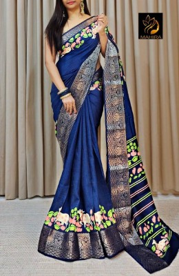 JIADIA Printed, Woven Bollywood Silk Blend Saree(Dark Blue)