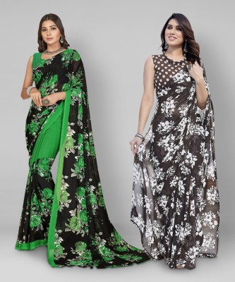 kashvi sarees Floral Print Daily Wear Georgette Saree(Pack of 2, Green, Black, Grey)