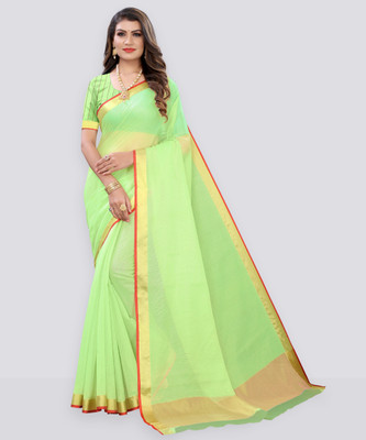 Samah Woven, Embellished, Dyed, Solid/Plain Bollywood Cotton Blend Saree(Light Green)