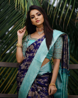 KAKADIYA Woven Kanjivaram Pure Silk Saree(Blue)