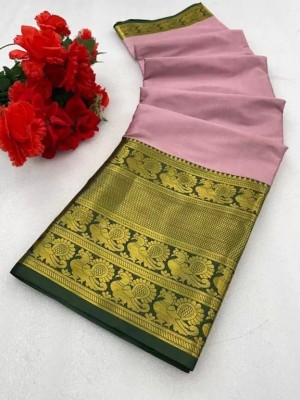 Banaras silk palace Solid/Plain Mysore Silk Blend Saree(Pink)