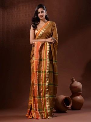 DHRITI Woven Handloom Cotton Blend Saree(Beige)