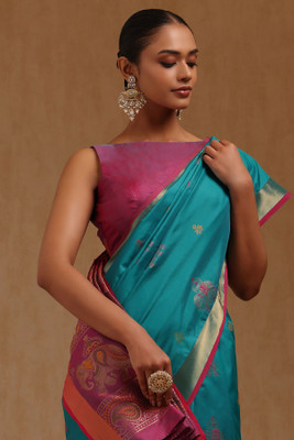 soch Woven Saree with Attached Blouse Silk Blend Saree(Blue)