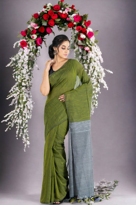 SLAGHA Solid/Plain, Self Design, Color Block Bollywood Handloom Pure Cotton Saree(Green)