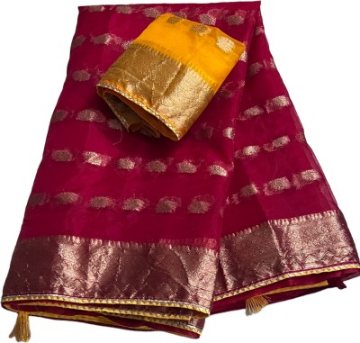 Stylish Sarees Woven, Self Design Bollywood Organza, Silk Blend Saree(Red, Gold)