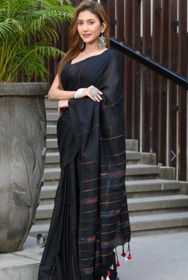 RATNADIP INTERNATIONAL Striped Kasavu Cotton Blend Saree(Black)