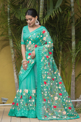 HOC Embroidered Leheria Net Saree(Multicolor)