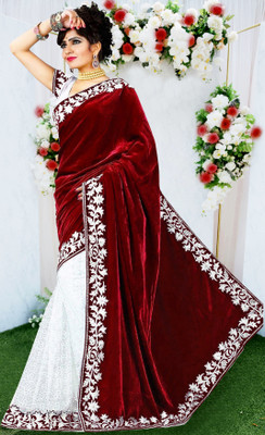 Anugrah Textile Embroidered Banarasi Net, Velvet Saree(White, Maroon)