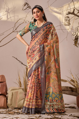 Neel Fashion Printed Bollywood Linen, Cotton Blend Saree(Multicolor)