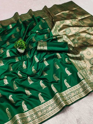 VIRDHI TEXTILE Printed, Self Design, Floral Print, Embellished, Woven Kanjivaram Silk Blend, Jacquard Saree(Green)