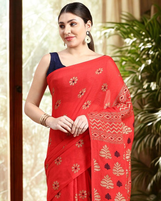 Desh Bidesh Printed Handloom Cotton Blend, Pure Cotton Saree(Red)