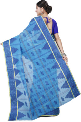 PuJoy Woven, Self Design Tant Pure Cotton Saree(Blue)