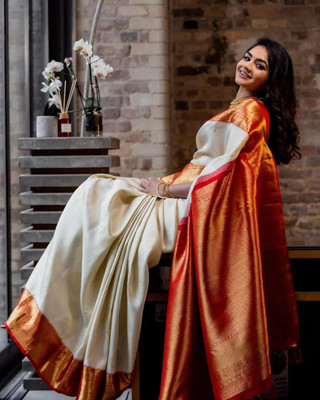 Bansari Textiles Woven Banarasi Jacquard, Art Silk Saree(White)
