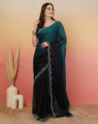 Tasrika Embellished Bollywood Tissue Saree(Blue, Black)