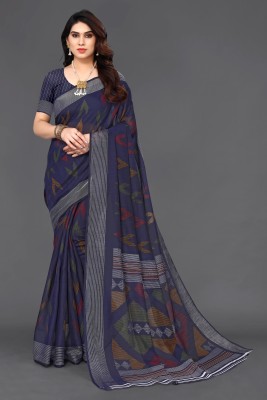 ASHNANTI Geometric Print Bollywood Cotton Blend Saree(Dark Blue)