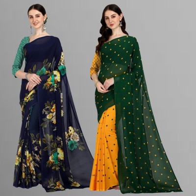 kashvi sarees Striped, Floral Print Daily Wear Georgette Saree(Pack of 2, Dark Blue, Green, Yellow)