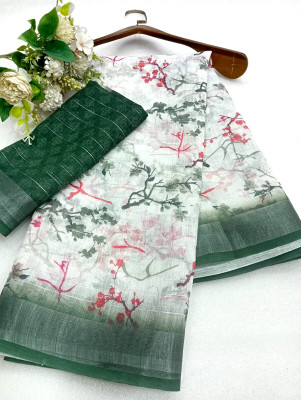 HouseOfCommon Printed Kanjivaram Linen, Cotton Linen Saree(Green, White)