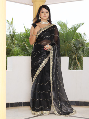 ANOUK Embroidered Saree with Attached Blouse Organza Saree(Black)