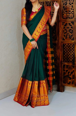 BilloRani Solid/Plain Mysore Silk Blend Saree(Dark Green)