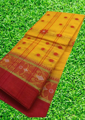 Traditional Sare Self Design Tant Pure Cotton Saree(Yellow, Red)