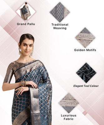 SHRIMAY Floral Print Bollywood Net, Organza Saree(Dark Blue)