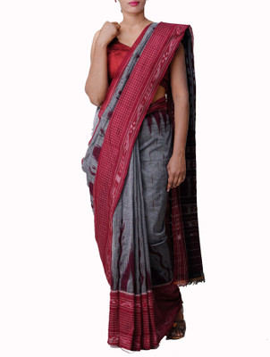 handloom paridhaan Temple Border, Hand Painted Handloom Pure Cotton Saree(Grey, Red)