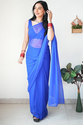 Moda Rapido Solid/Plain Bollywood Georgette Saree(Blue)