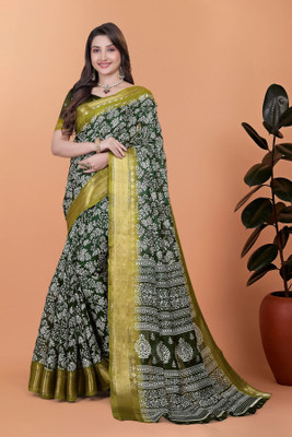 RASIFASHION Printed Chanderi Cotton Blend Saree(Dark Green)