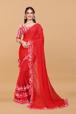 vhfastion Self Design Bollywood Georgette Saree(Red)