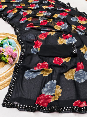 KESHAV Floral Print Daily Wear Georgette Saree(Pack of 2, Black)