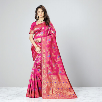 SAREEFLAME Floral Print Banarasi Art Silk, Cotton Silk Saree(Pink)