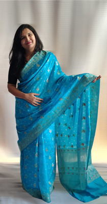 PoojaCreation Woven Handloom Pure Silk Saree(Light Blue)