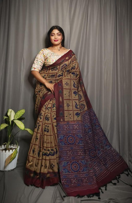 Joyguru Textile Printed Sambalpuri Cotton Blend Saree(Mustard)