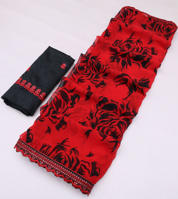 VedikaaFashion Floral Print, Printed, Embellished Bollywood Georgette Saree(Red, Black)