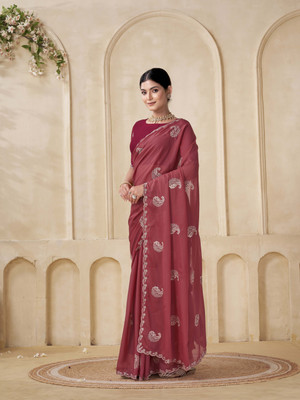 BELLETRENDZ Embroidered Bollywood Silk Blend Saree(Red)