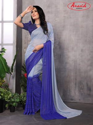 Anand Sarees Ombre, Solid/Plain, Self Design Bollywood Satin Saree(Grey, Blue)