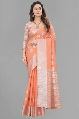 Soor Panchi Woven Chanderi Cotton Linen Saree(Orange)