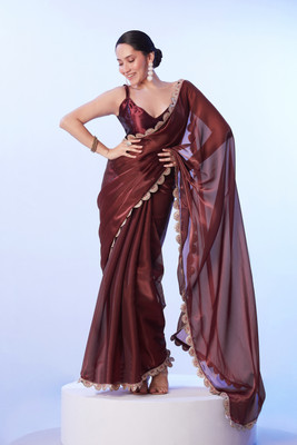 Kalista Solid/Plain Bollywood Organza Saree(Brown)