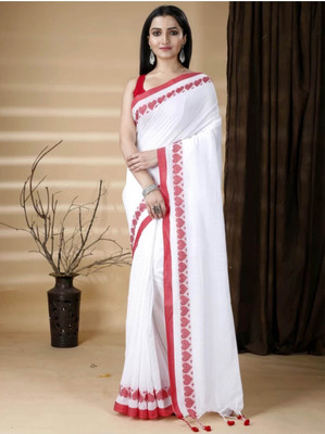 RM CREATION Solid/Plain Handloom Handloom Pure Cotton Saree(White)