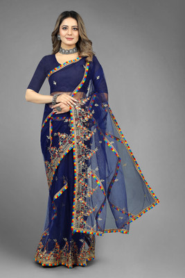 YASHVI Embroidered Bollywood Net Saree(Blue)