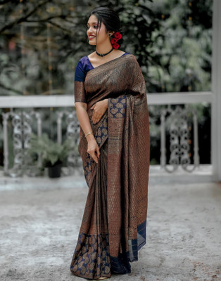 Samah Woven, Embellished, Self Design Banarasi Art Silk Saree(Blue, Brown)