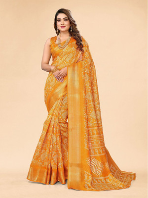 Moda Rapido Printed Bollywood Cotton Blend Saree(Yellow)