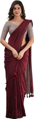 TWIRL Solid/Plain Handloom Cotton Blend Saree(Maroon)
