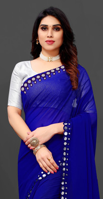 The Fashion Tax Embellished, Solid/Plain Banarasi Georgette Saree(Dark Blue)