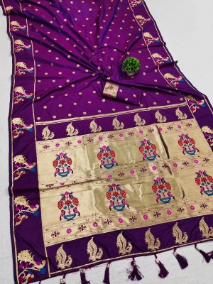 PHEASANT Woven, Embellished Paithani Pure Silk, Art Silk Saree(Purple)