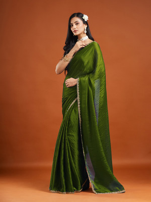 Croza Solid/Plain Bollywood Chiffon Saree(Light Green)